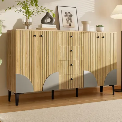 Image de OKWISH Buffet Moderne 4 Portes 4 Tiroirs, Meuble de Rangement pour Entrée/Salle à Manger, MDF, 160x36x94 cm, Bois Naturel