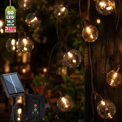 Obrázek produktu pro Solární světelná řetěz LUMILED pro venkovní použití, 16,5 m, 50 LED diod + 2 náhradní žárovky, dekorativní žárovky, IP44, odolné proti stříkající vodě, odolné proti povětrnostním vlivům, 8 režimů svícení, teplá bílá 3000 K, zahrada, terasa, balkon, osvětlení na večírky, solární osvětlení