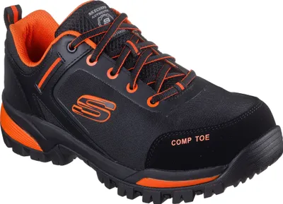 A single black and orange Skechers work shoe is shown from a side angle on a white background.