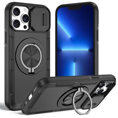 Produktbild von Magnetische Hülle für iPhone 13 Pro Max /iPhone 12 Pro Max, Militär Stoßfest Handyhülle mit Kameraschutz und Ringhalter Ständer Schwarz