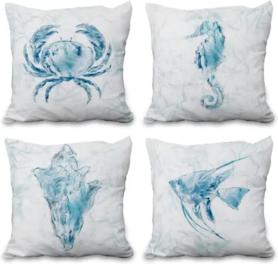 Imagen del producto de Fundas de cojín de 24 x 24 pulgadas con motivos azules de estilo náutico, con diseño de acuarela que incluye conchas, tortugas marinas, peces, caballitos de mar y cangrejos. Fundas de cojín cuadradas de lino, ideales para la decoración de verano
