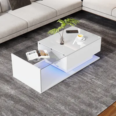Produktbild von okwish Couchtisch Rechteckig, LED-Hochglanz Beistelltisch für Schlafzimmer, Wohnzimmertische mit Stauraum fürs Wohnzimmer, Beistelltisch mit Glasplatte und Schubladen, Weiß