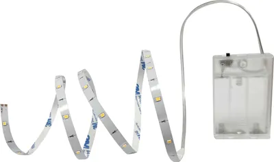 A white LED strip light with a battery pack, shown against a white background.