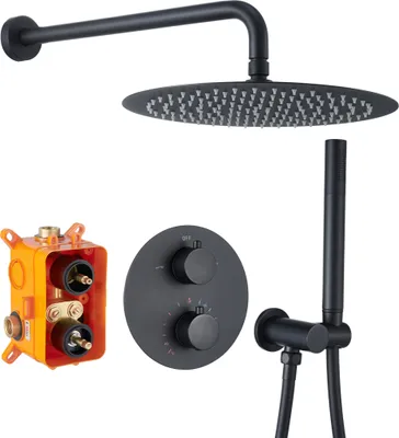 Produktbild von Schwarz Duschsystem mit Thermostat, Duscharmatur Regendusche Unterputz 12 Zoll Kopfbrause Anti-Verbrühungs-Duschsystem inkl. Handbrause, Messingkörper
