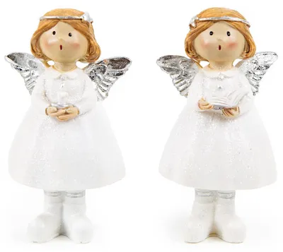 Produktbild von 2 kleine Schutzengel Figuren Silber weiß Weihnachten Taufe Kommunion 11,5 cm