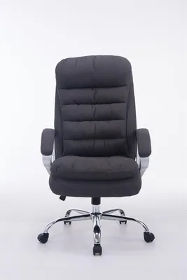 A dark gray office chair with silver accents is shown against a white background.