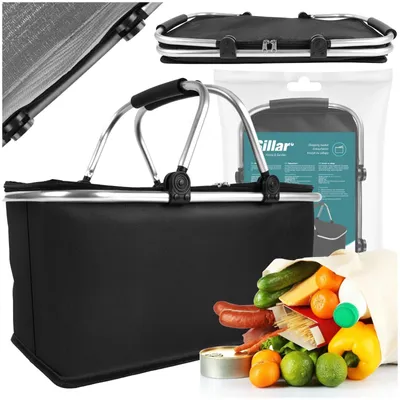 Produktbild von Sillar Thermokorb Einkaufskorb 25 L - Faltbarer klappbox mit Isolierung, Reißverschluss-Deckel & Aluminiumrahmen, wasserabweisend für Einkauf & Ausflüge- Schwarz