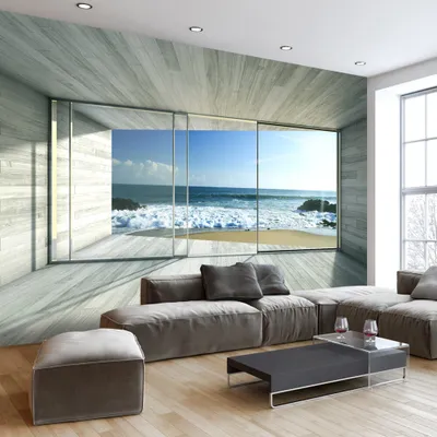 Produktbild von Fototapete selbstklebend Fensterblick 294x210 cm Tapete Wandtapete Wandbilder Klebefolie Dekofolie Tapetenfolie Wand Dekoration Wohnzimmer - Meer Strand 3d Effekt c-A-0084-a-c