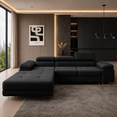 Produktbild von GOLDSTOFF ALVARO Ecksofa L-Form 280x204 cm | Schlafsofa mit Schlaffunktion & Bettkasten | modern und flexibel Ecksofa mit Stauraum In Schwarz