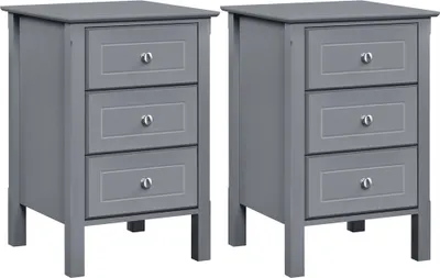 Two identical gray nightstands with three drawers each are shown against a white background.