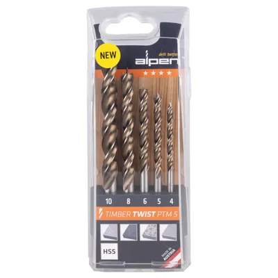 Produktbild von Alpen-Maykestag HSS Maschinen-Holzspiralbohrer TIMBER TWIST PTM 5, Kassette 5-tlg., Ø 4, 5, 6, 8, 10 mm