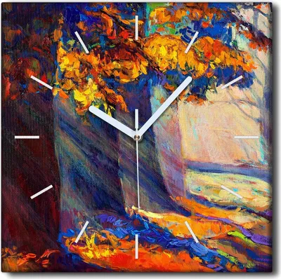 Produktbild von Coloray Uhr auf Leinwand 30x30 cm Wand Uhr Dekoration Wohnzimmer Segeltuch weiße Zeiger -Herbstwaldlandschaft.