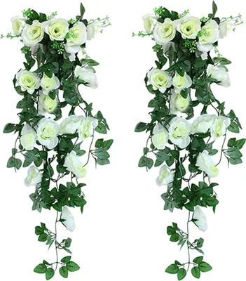 Produktbild von Künstliche Hängende Blumen für Draußen, 2 Packungen Rosen Hängende Pflanze & Blumen für Draußen Haus Hochzeit Garten Hof Hängekörbe Wisteria Girlande Orchidee Bündel Dekoration (Weiß)