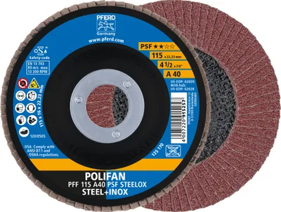Produktbild von PFERD TOOLS POLIFAN Fächerscheibe PFF 115x22,23 mm flach A40 Universallinie PSF STEELOX Stahl/Edelstahl