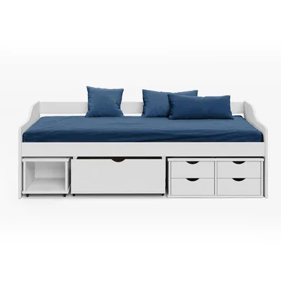 Produktbild von Möbilia Bett aus Kiefer Massivholz – Weiß lackiert – 90 x 200 cm – mit 5 Schubladen & Lattenrost