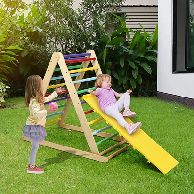 Produktbild von GOPLUS 2 in 1 Kletterdreieck mit Rutsche, Klappbare Klettergerüst aus Holz, für Kinder ab 3 Jahre, bis zu 60kg Belastbar, Bunt