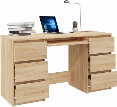 Produktbild von Schreibtisch mit 6 Schubladen aus Holzwerkstoff in Sonoma-Eiche, 140 x 50 x 77 cm für Büro und Arbeitszimmer