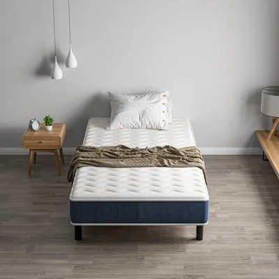 Zdjęcie produktu dla Zestaw materaca i stelaża DEWINNER (90 x 190 cm), materac z pianki memory i solidna rama łóżka z żelaza z 6 nóżkami, grubość 15 cm, ergonomiczny
