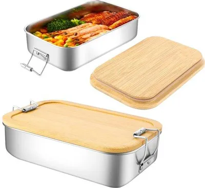 Produktbild von Famanu Set von 2 Edelstahl Brotdosen mit Bambusdeckel - 700 ml