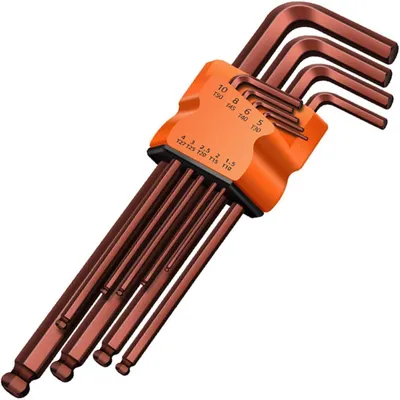 Image de Jeu de clés Allen avec embout sphérique | 9 tailles (1,5-10 mm) | Acier S2 | Inox