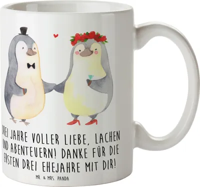 Produktbild von Mr. & Mrs. Panda Tasse 3. Hochzeitstag Lederhochzeit - Weiß - Geschenk, Kaffeebecher, Lachen und Abenteuern, Heirat, Liebe, Jubiläum, Kaffeetasse, Becher, Geschenke