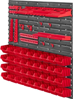 Obrázek produktu pro Nástěnná deska na nářadí/děrovaná deska – nástěnný panel do dílny/garáže – 78 x 78 cm – 59dílná sada – s háčky a úložnými boxy – červená