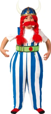 Produktbild von Gallischer Comic Held Karneval Kostüm Blau Weiß Streifen Viking Helm Roter Bart, Größe: 110/116 Farbe: Blau