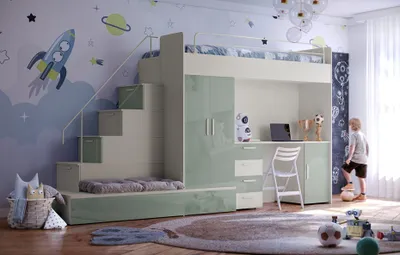Produktbild von Etagenbett FELIX 5, Hochglanz Kinderbett, Hochbett, MIT Matratze und Lattenrost (Kaschmire + Minze ,Glanz)