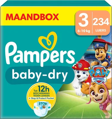 Packaging for Pampers Baby Dry diapers featuring Paw Patrol characters.