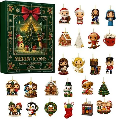 Produktbild von Adventskalender mit 24 Acryl Weihnachtsanhängern, 2D, bunt