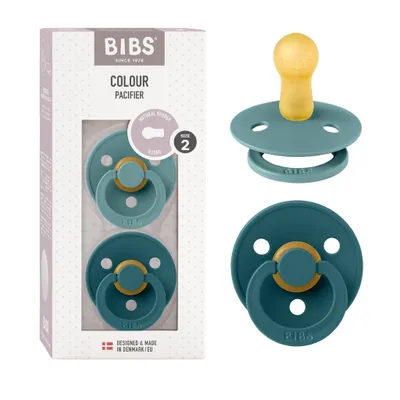 Produktbild von BIBS Colour Schnuller 2er-Pack, BPA-frei, Kirschform Nippel. Naturkautschuk / Latex, Hergestellt in Dänemark, Größe 2 (6-18 Monate), Island Sea / Forest Lake