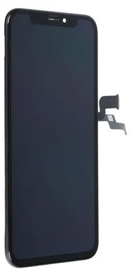 A black smartphone screen replacement with a flexible cable attached.