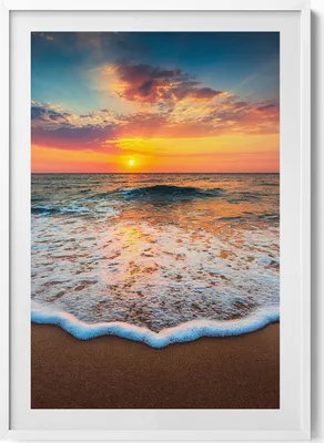 Produktbild von Sonnenuntergangslandschaft über dem Meer– Wandbild mit Rahmen – Gerahmtes Bild  – Wanddekoration – 70x100 cm –  Weiß Rahmen