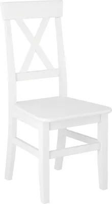 A white wooden chair with an X-back design is shown from a front-diagonal angle against a white background.