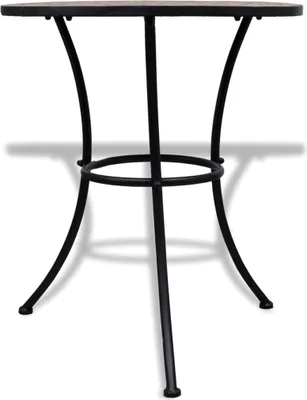 A studio shot of a bistro table with a mosaic top and black metal legs.