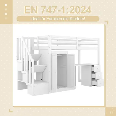 A white bunk bed with stairs, a wardrobe, and a desk, shown against a white background.
