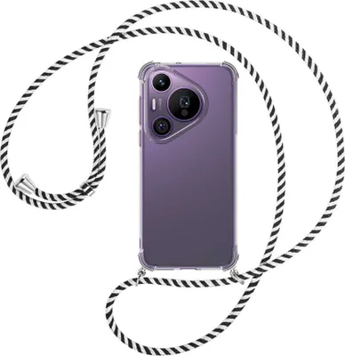 Produktbild von Handykette Backcover-Schutzhülle mit Band (Metall silberfarben) für Huawei Pura 70 Pro / Pro+ - schwarz/weiß gestreift