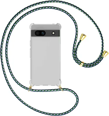 Produktbild von Handykette Backcover-Schutzhülle mit Band (Metall goldfarben) für Google Pixel 7a - grün/blau/weiß