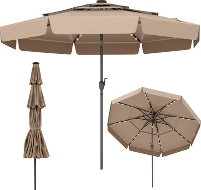 Zdjęcie produktu dla COSTWAY parasol LED 300 cm, 3-poziomowy parasol ogrodowy z korbą i falbaną, składany pod kątem 35° z obu stron, wiatroodporny, stabilny parasol ogrodowy w kolorze taupe