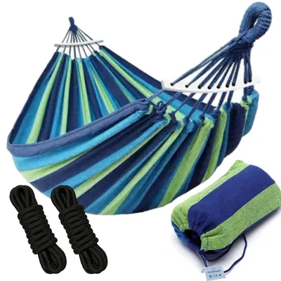 Produktbild von Doppel hängematte Blau mit Spreizstange - 190x150 cm - In Aufbewahrungstasche + Befestigungsseile - Wetterfest