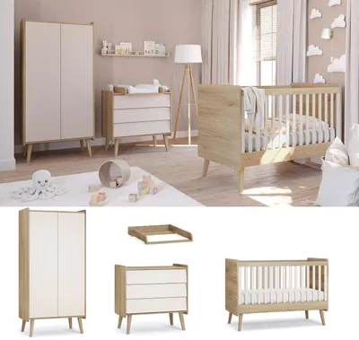 Produktbild von Babyzimmer Kinderzimmer Vienna-Fresh komplett Set A Schrank 2-türig Kommode Wickelansatz Bett 140x70 Creme
