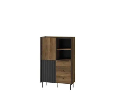 Produktbild von Regal PRESTON I, Bücherregal mit offenen Fächern, Standregal für Wohnzimmer und Büro, Modernes Design mit Lamellenfront, Warmia Nussbaum und Schwarz