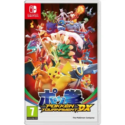 The image shows the cover art for the Nintendo Switch game Pokken Tournament DX, featuring a collage of various Pokemon characters.