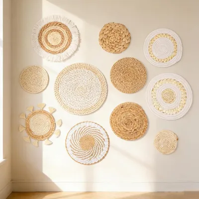 Produktbild von Handgewebte Wanddekoration aus Webstoff mit 9 Wandkörben im Boho-Stil aus Naturfasern für Kinderzimmer, Esszimmer und Küche