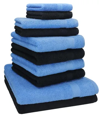 Image de Betz Set de 10 serviettes PREMIUM CLASSIC 2 draps de douche 4 serviettes 2 serviettes pour invités 2 serviettes de savon Couleur : noir & bleu clair