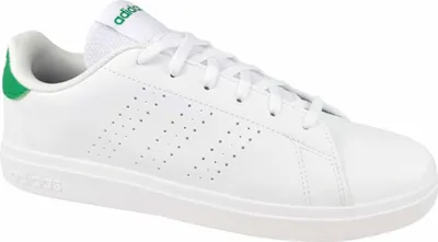 A white Adidas Advantage Base 2.0 sneaker with green accents.