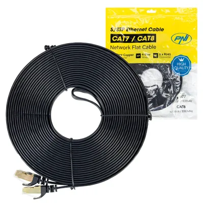 Obrázok produktu pre Plosný sieťový kábel S/STP CAT7 PNI U7150B, 2 x RJ45, 4 páry vodičov, 32AWG, meď, 10 Gbit/s, 600 MHz, 15 m, čierna farba