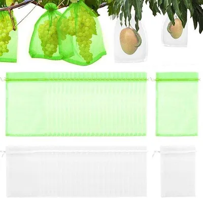 Obrázek produktu pro Sada sáčků na ovoce – 50 kusů, se šňůrkou na bobule, rostliny a ovoce – opakovaně použitelné, v bílé a zelené barvě