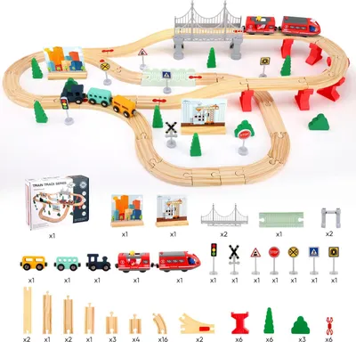 Immagine prodotto di Set di trenini in legno Montessori per bambini - Trenini in legno con macchinine e veicoli da cantiere - Set da 72 pezzi - Giocattolo educativo, regalo per bambini e bambine