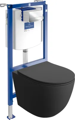Produktbild von DOMINO Villeroy&Boch ViConnect H112 Vorwandelement Unterputz WC mit Bedienplatte + Wand Hänge Tiefspül WC Sinto Schwarz Spülrandlos | WC Komplettset |